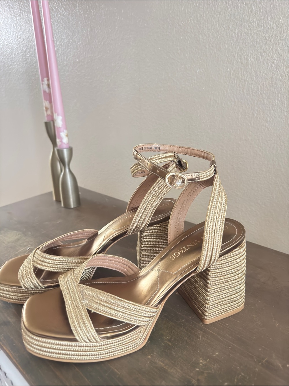 Crown Metallic Gold Braided Block Heel Platform Sandals